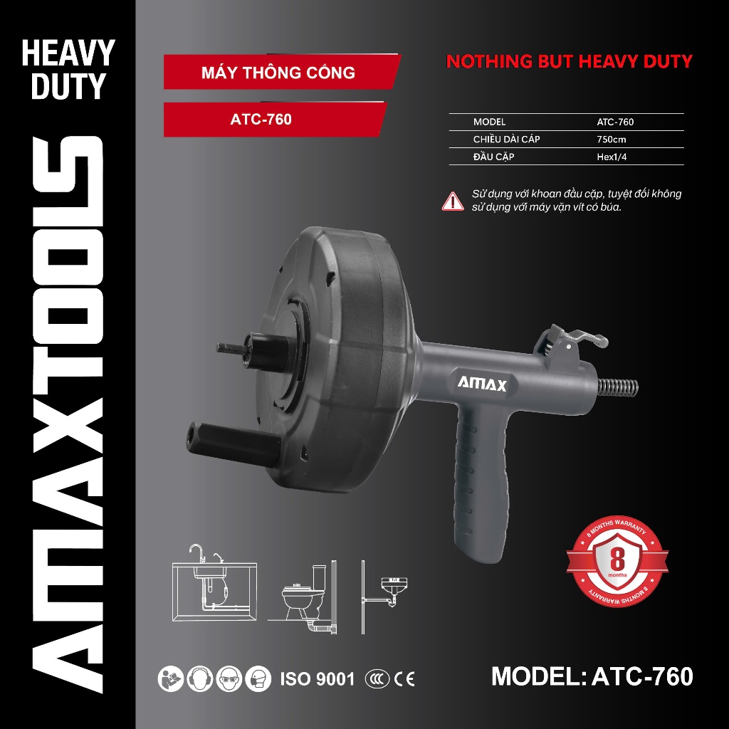 Dụng cụ thông cống Amaxtools TAC-760 chỉ sử dụng với máy khoan đầu cặp, chiều dài cáp 750cm cho lavabo, nhà tắm
