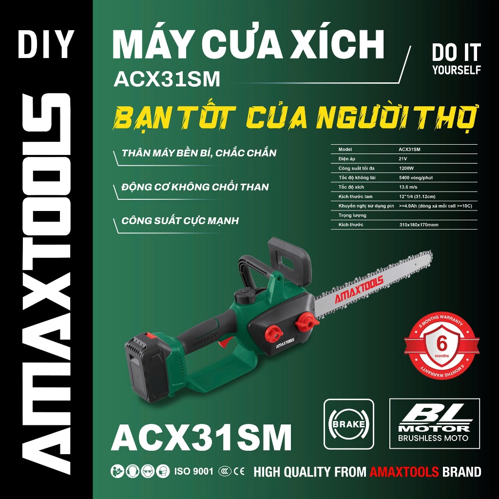Máy cưa xích pin Amaxtools ACX31SM
