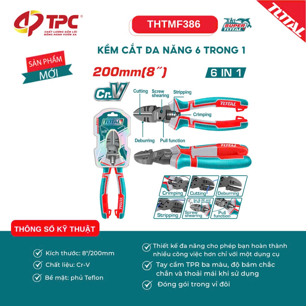 Kìm điện đa chức năng 8 in 1 TOTAL THTMF186 200mm trợ lục 65% giúp uốn, giữ đinh, cờ lê, cắt uốn, tuốt dây điện, tán vít