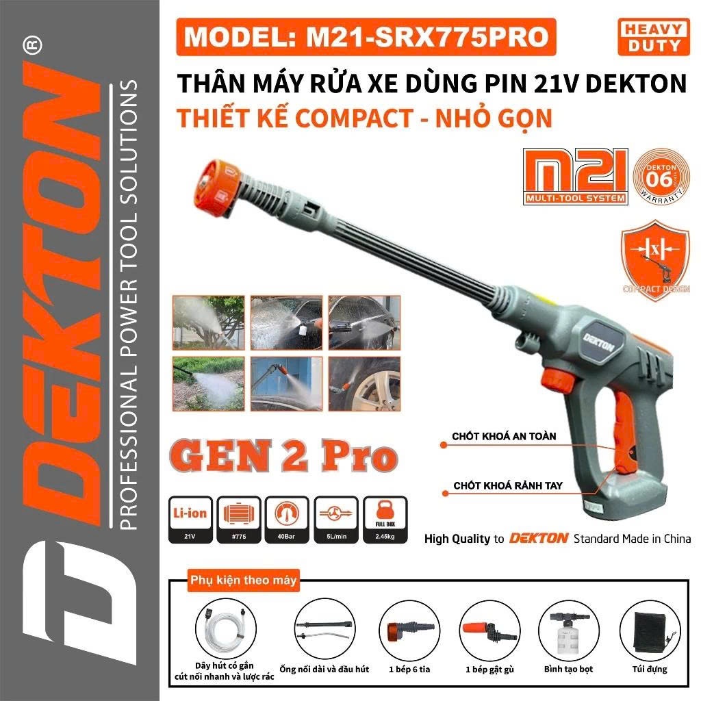 Máy xịt rửa xe dùng pin 21V Dekton M21-SRX775PRO công suất 260W, áp lực nước 40bar Máy rửa xe dòng Compact nhỏ gọn