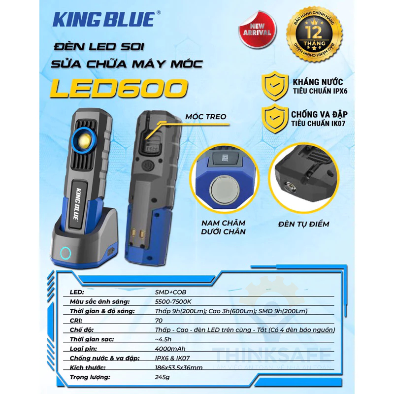 Đèn led soi sửa chữa máy móc KINGBLUE LED600 Đèn pin siêu sáng 600 lumen Màu sắc ánh sáng 5500 - 7500K, dùng pin 4000mAh