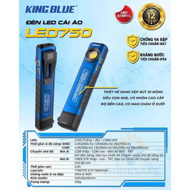 Đèn led cài áo Kingblue LED750 nhiều chế độ sáng, 2 nút chuyển chế độ, độ sáng 750lumen, đèn pin siêu sáng cài áo