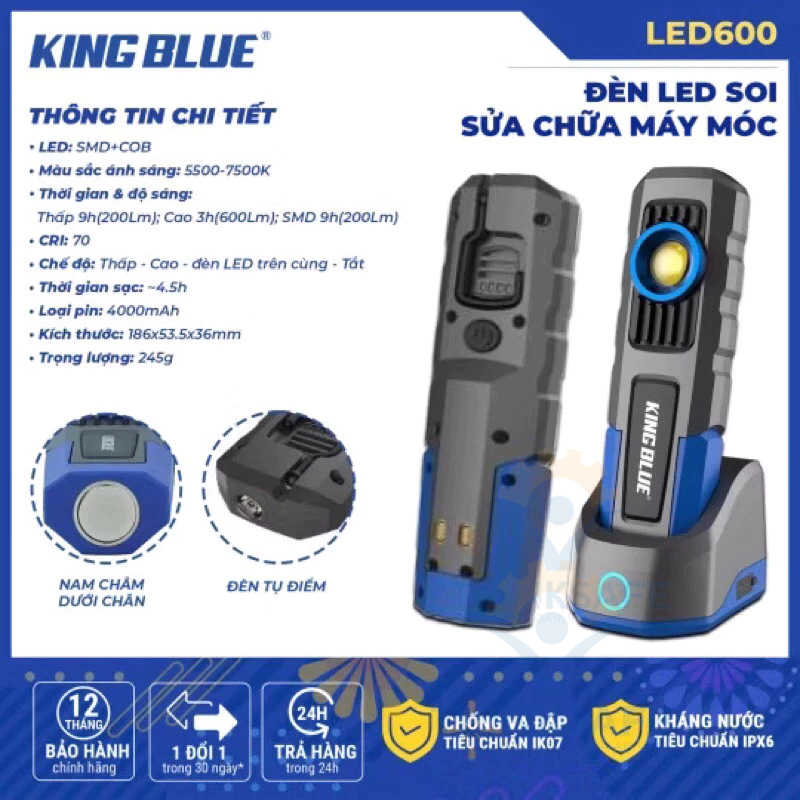 Đèn led soi sửa chữa máy móc KINGBLUE LED600 Đèn pin siêu sáng 600 lumen Màu sắc ánh sáng 5500 - 7500K, dùng pin 4000mAh