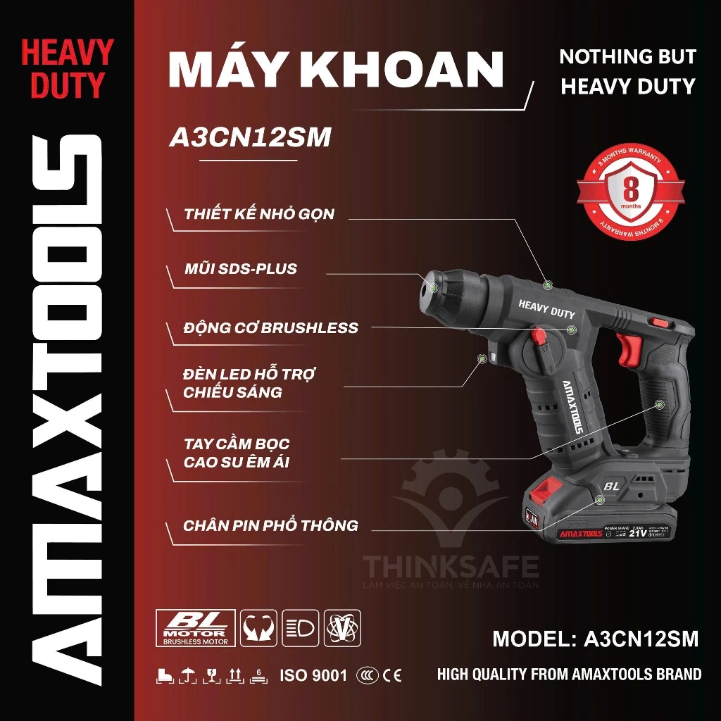 Khoan bê tông 2 chức năng pin 21V Amaxtools A3CN12SM
