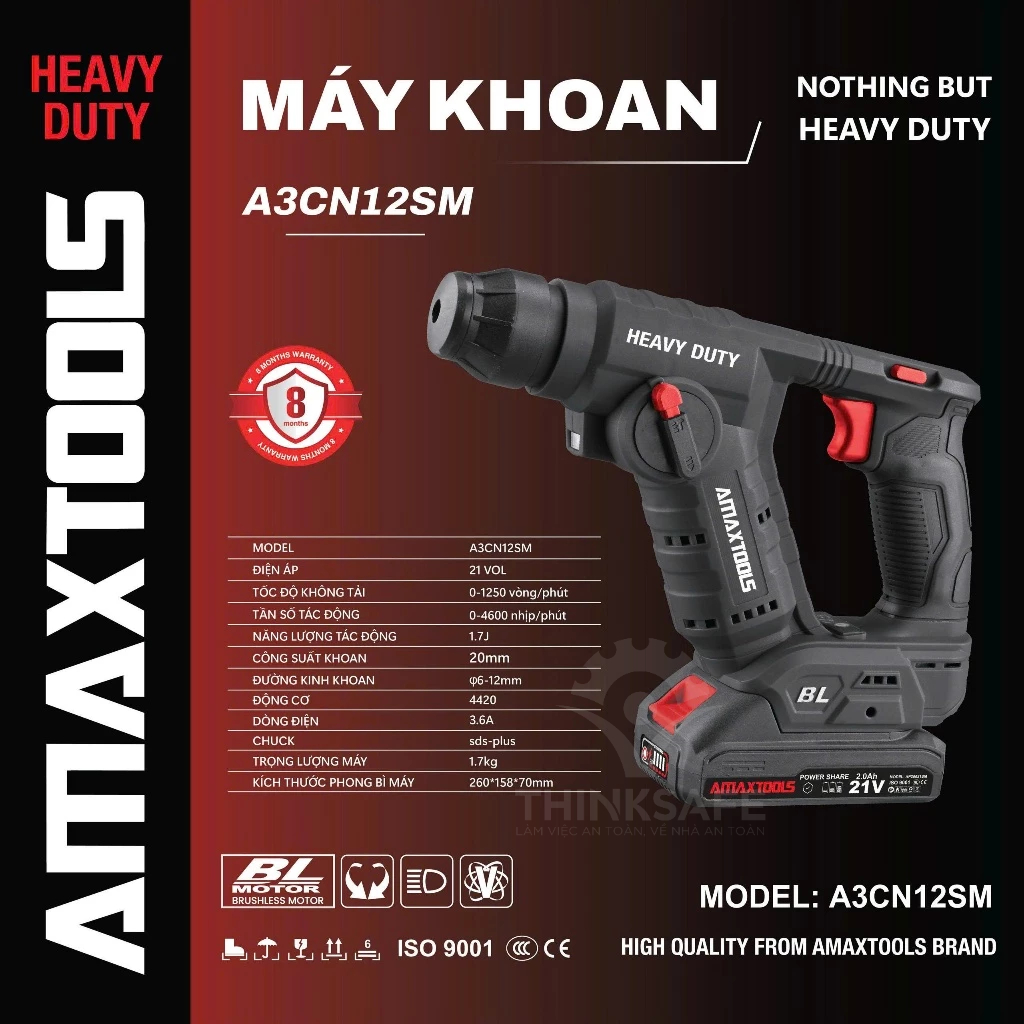 Khoan bê tông 2 chức năng pin 21V Amaxtools A3CN12SM