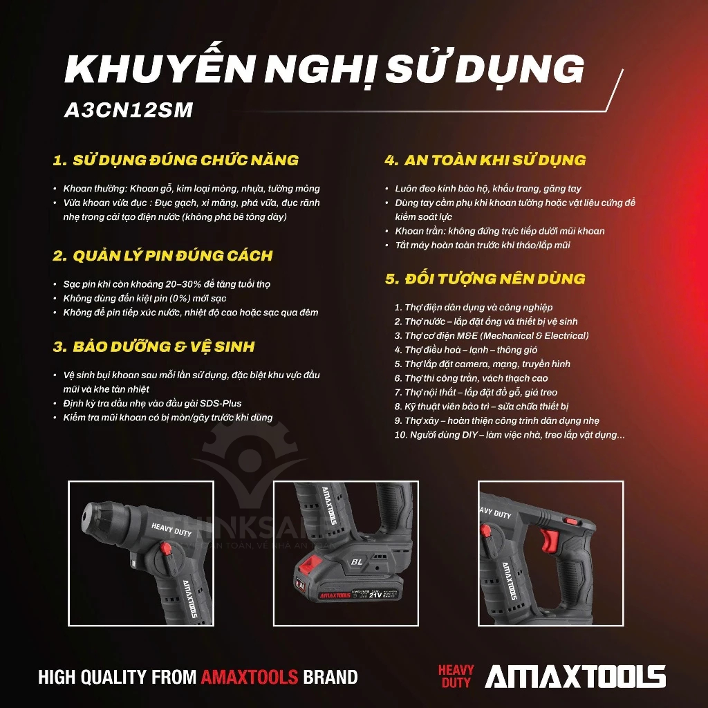 Khoan bê tông 2 chức năng pin 21V Amaxtools A3CN12SM