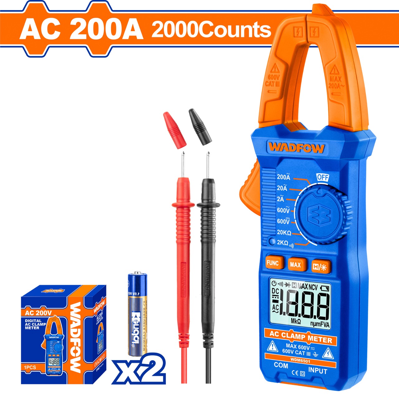 Kìm đo AC kỹ thuật số 200A-2000 số đếm WADFOW WDM6501