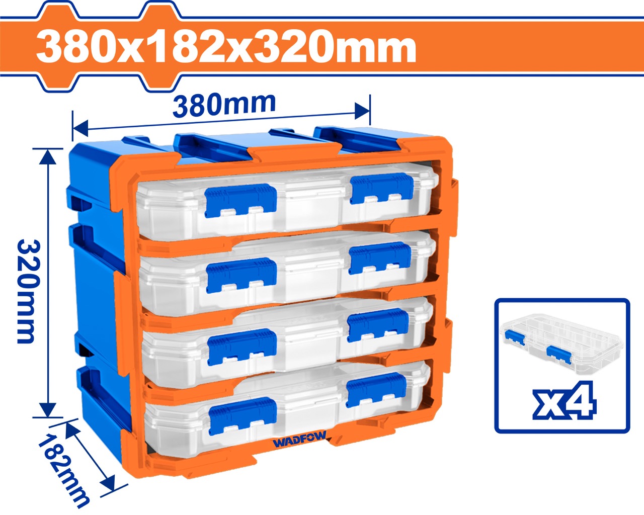 Bộ tủ gồm 4 hộp nhựa chia 13 ngăn đựng linh kiện 380x182x320mm WADFOW WTB8344