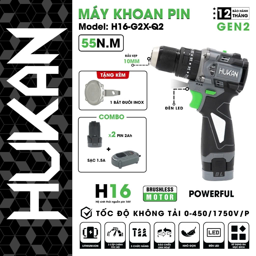 Máy khoan pin Hukan H16-G2C-Q2, Lực siết 55Nm, 3 Chức năng, Đầu kẹp 10mm, Động cơ Không chổi than - Thinksafe