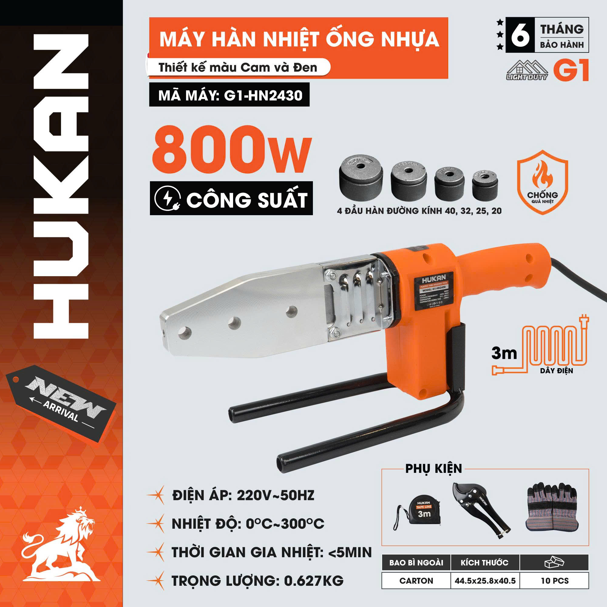Máy hàn ống nhựa HUKAN G1-HN2430, Công suất 900W, Nhiệt độ điều chỉnh: 0°C – 300°C