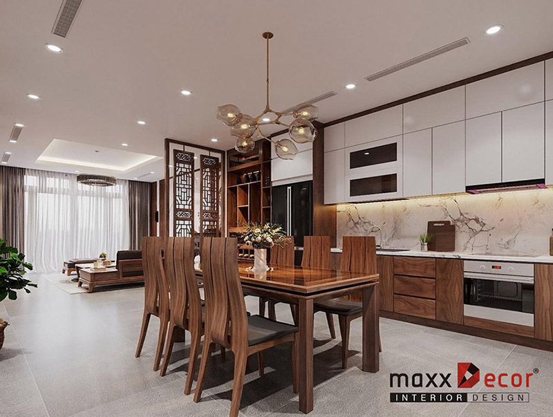Nội thất hiện đại gỗ óc chó phòng khách - bếp ăn