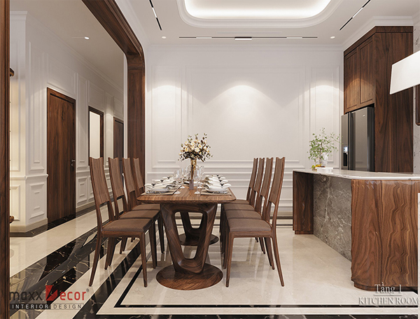 Phòng khách bếp gỗ óc chó sang trọng tại Biệt Thự Bình Dương