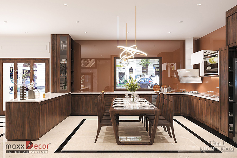 Không gian nội thất gỗ óc chó tại biệt thự Bắc Giang