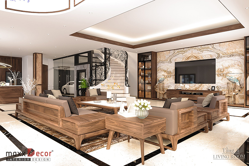 Không gian nội thất gỗ óc chó tại biệt thự Bắc Giang