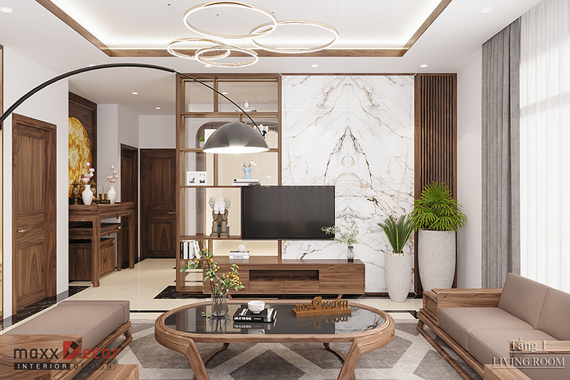 Đẹp độc lạ với nội thất phòng khách với gỗ óc chó tại Bắc Giang