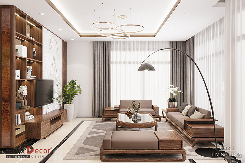 Đẹp độc lạ với nội thất phòng khách với gỗ óc chó tại Bắc Giang