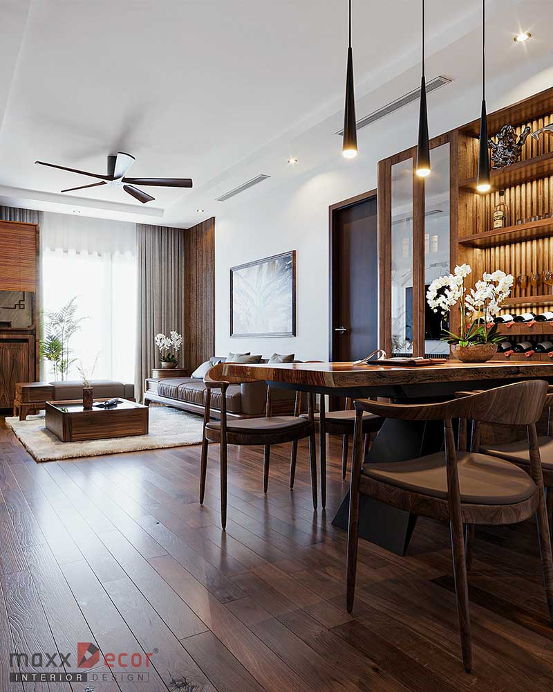 Nội thất chung cư sang trọng ấm cúng nhờ gỗ óc chó