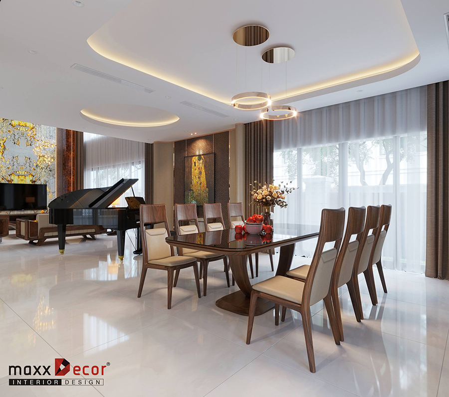 Thiết kế nội thất phòng khách bếp gỗ óc chó biệt thự hiện đại