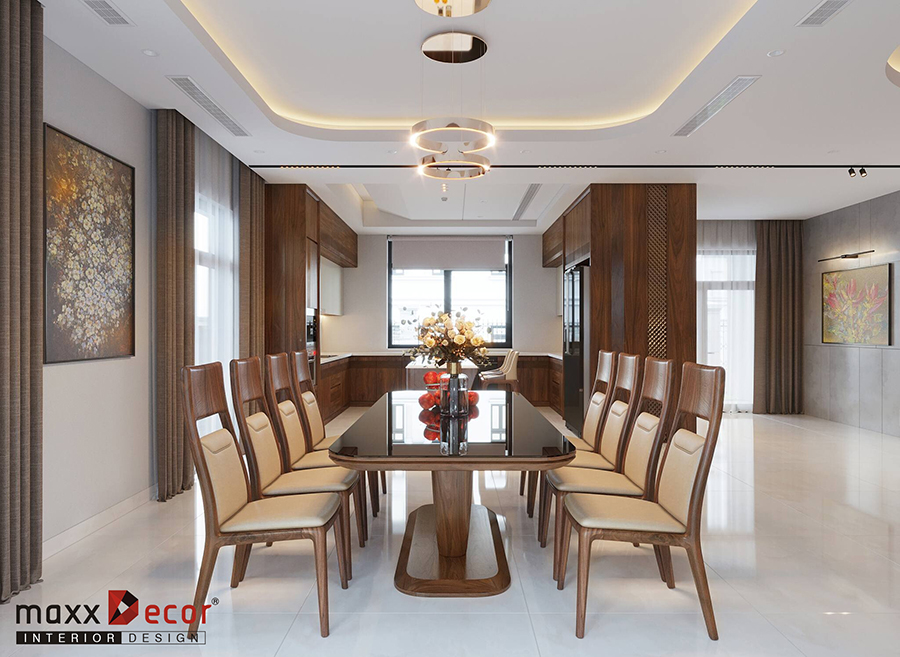 Thiết kế nội thất phòng khách bếp gỗ óc chó biệt thự hiện đại