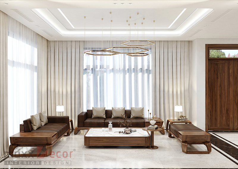 Thiết kế nội thất khách bếp gỗ óc chó hiện đại