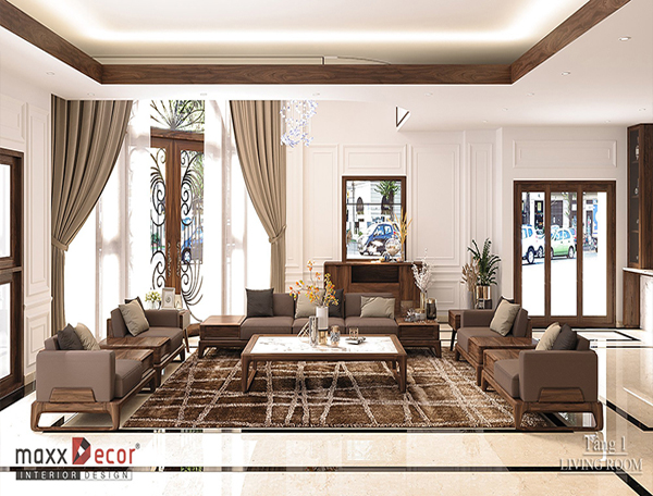 Không gian nội thất gỗ óc chó tại biệt thự Bắc Giang