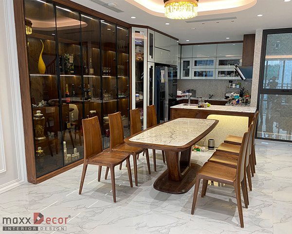 Chiêm ngưỡng độ đẹp phòng bếp ăn gỗ óc chó sau khi hoàn thiện