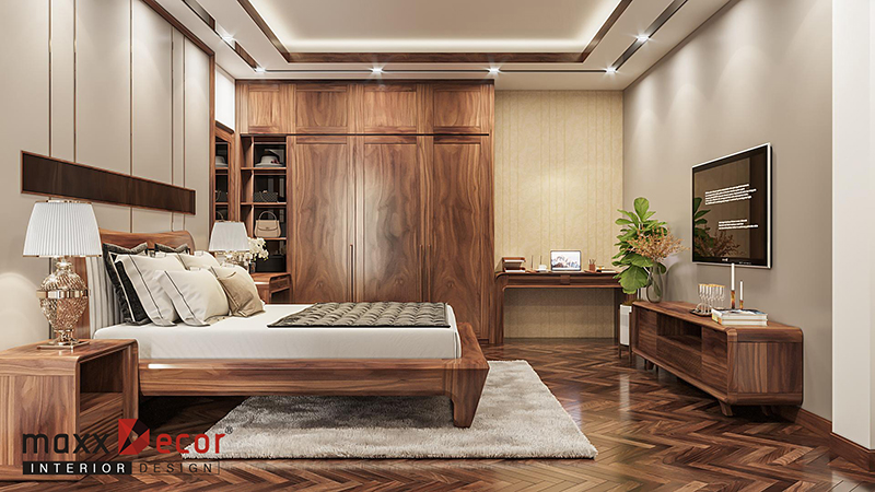 Nội thất phòng ngủ gỗ óc chó hiện đại ấm cúng