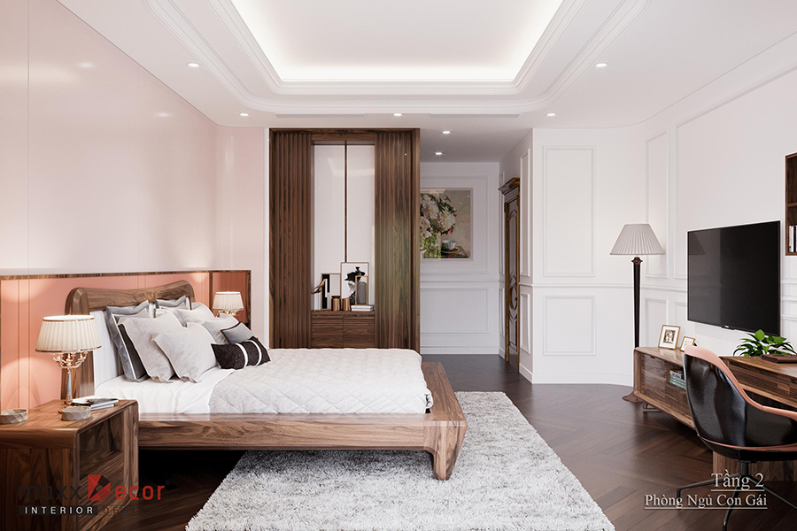 Thiết kế nội thất gỗ óc chó biệt thự 3 tầng anh Hùng ở Hải Dương