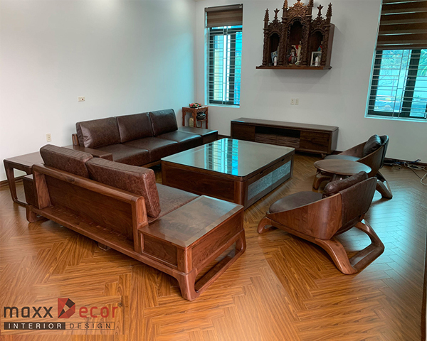 Sofa gỗ óc chó sau khi hoàn thiện bàn giao tại nhà khách Hải Phòng