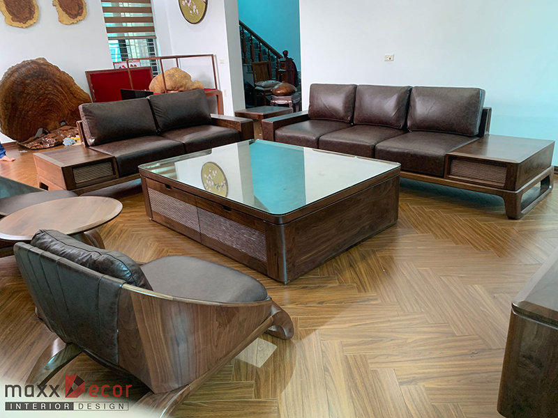 Sofa gỗ óc chó sau khi hoàn thiện bàn giao tại nhà khách Hải Phòng