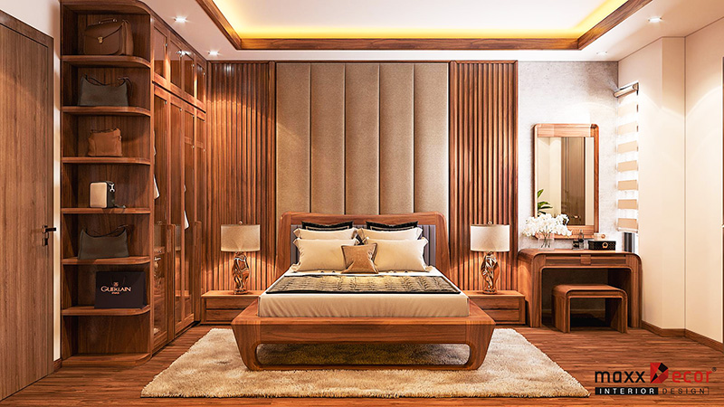 Thiết kế không gian nội thất phòng ngủ gỗ óc chó đẳng cấp