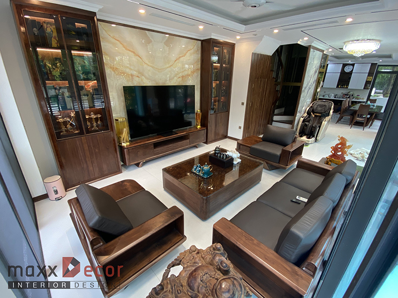 Thi công hoàn thiện nội thất biệt thự gỗ óc chó Vinhome Thăng Long