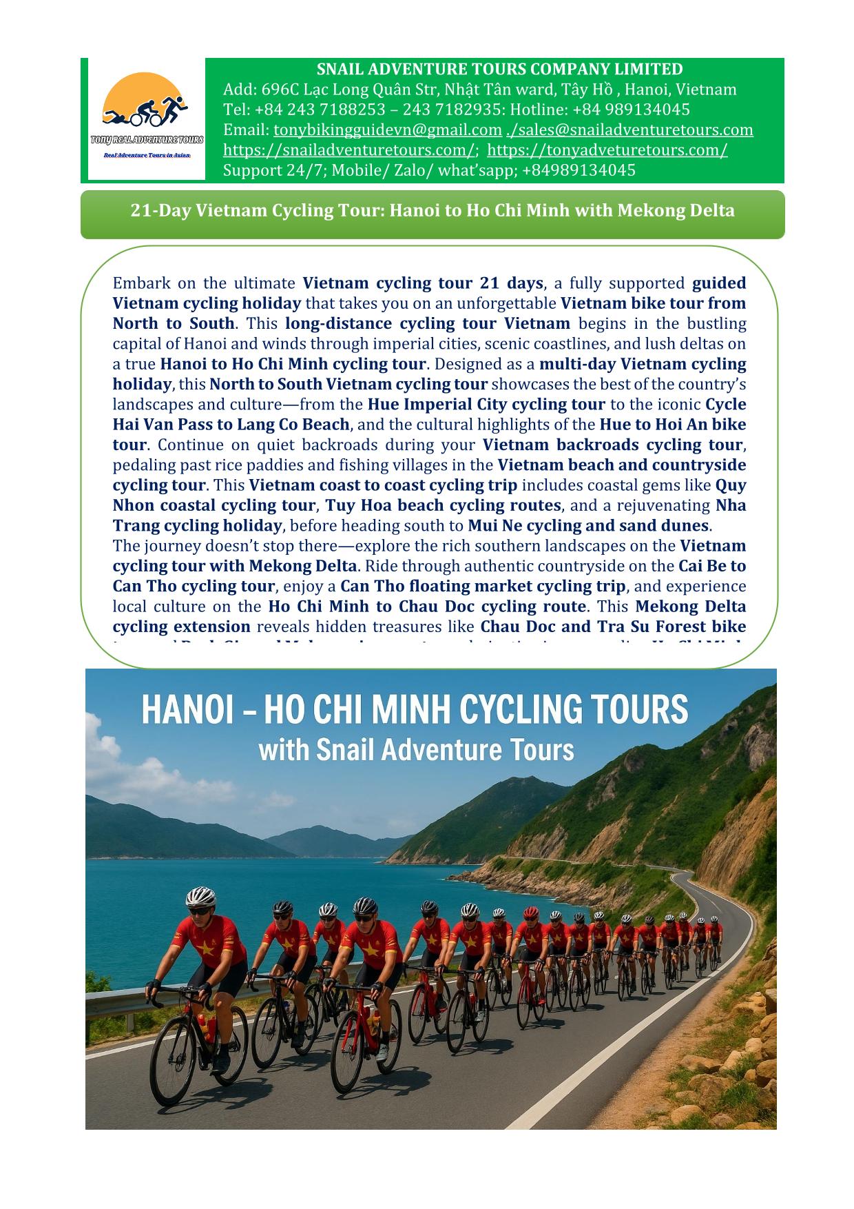 21 DAY HANOI - HO CHI MINH & MEKONG DELTA CYCLING TOURS