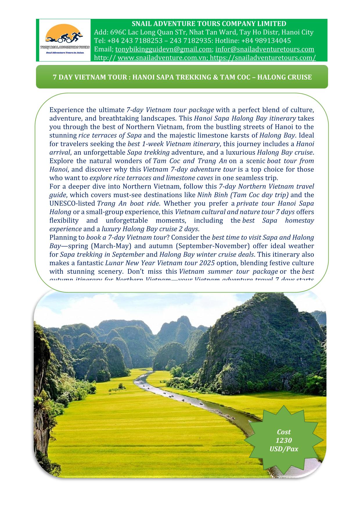 7 DAY VIETNAM TOURS PACKAGE | HANOI SAPA - TAM COC- HALONG BAY