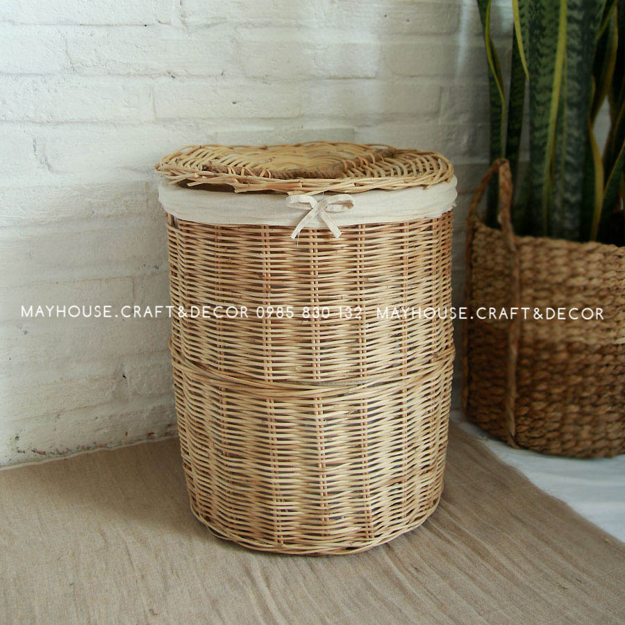 Sọt mây chỉ lót vải có nắp màu trắng SP000932