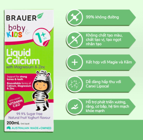 Siro bổ sung Canxi, Magie và Kẽm Brauer Baby & Kids Liquid Calcium With Magnesium & ZinC cho trẻ trên 1 tuổi (200ml)