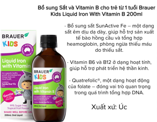 Bổ Sung Sắt Và Vitamin B Cho Bé Từ 1 Tuổi Brauer Kids Liquid Iron with Vitamin B 200ml