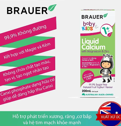 Siro bổ sung Canxi, Magie và Kẽm Brauer Baby & Kids Liquid Calcium With Magnesium & ZinC cho trẻ trên 1 tuổi (200ml)