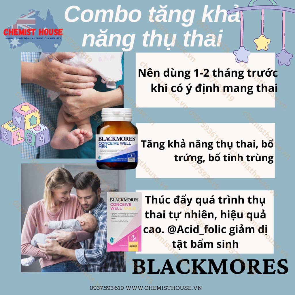 Combo tăng thụ thai Úc Blackmores Conceive Well Gold + Conceive Well Men đầy đủ dưỡng chất thiết yếu cho bố mẹ