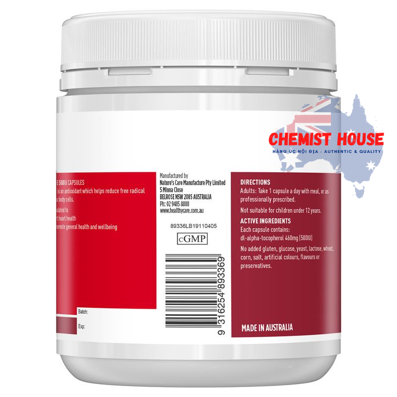 Healthy Care Vitamin E 500IU - Viên uống bổ sung vitamin E 200 viên