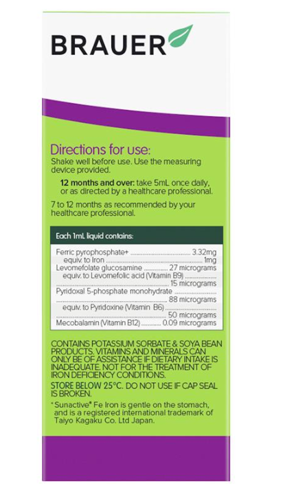 Siro BRAUER Liquid Iron with Vitamin B - Bổ sung Sắt & vitamin B cho trẻ từ 1 tuổi (200ml)