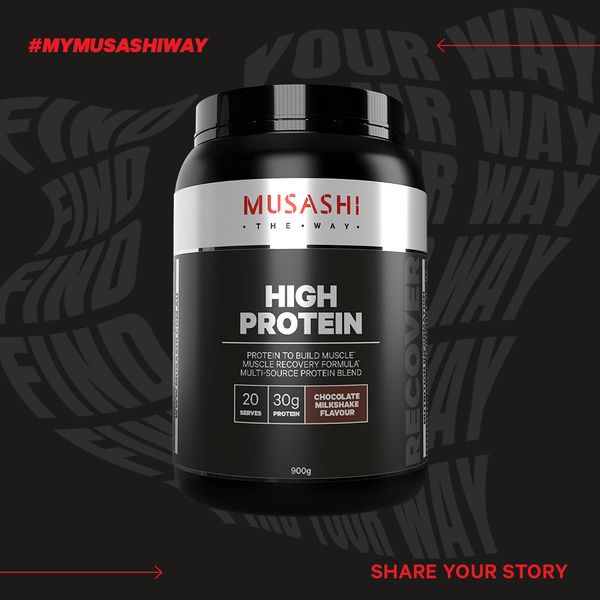 Bột Musashi High Protein Cao Musashi Phục Hồi Cơ & Tăng Cơ Vị Caramel Muối/Vanila/Chocolate - Musashi High Protein Salted Caramel/Vanila/Chocolate