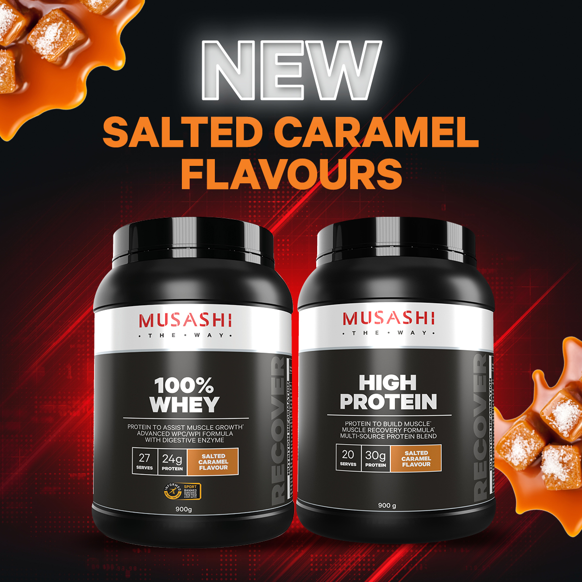 Bột Protein Whey Musashi 100% Hỗ Trợ Tăng Trưởng & Phục Hồi Cơ Bắp Vị Caramel Muối/Vanila/Sô cô la 900g - Musashi 100% Whey Salted Caramel 900g