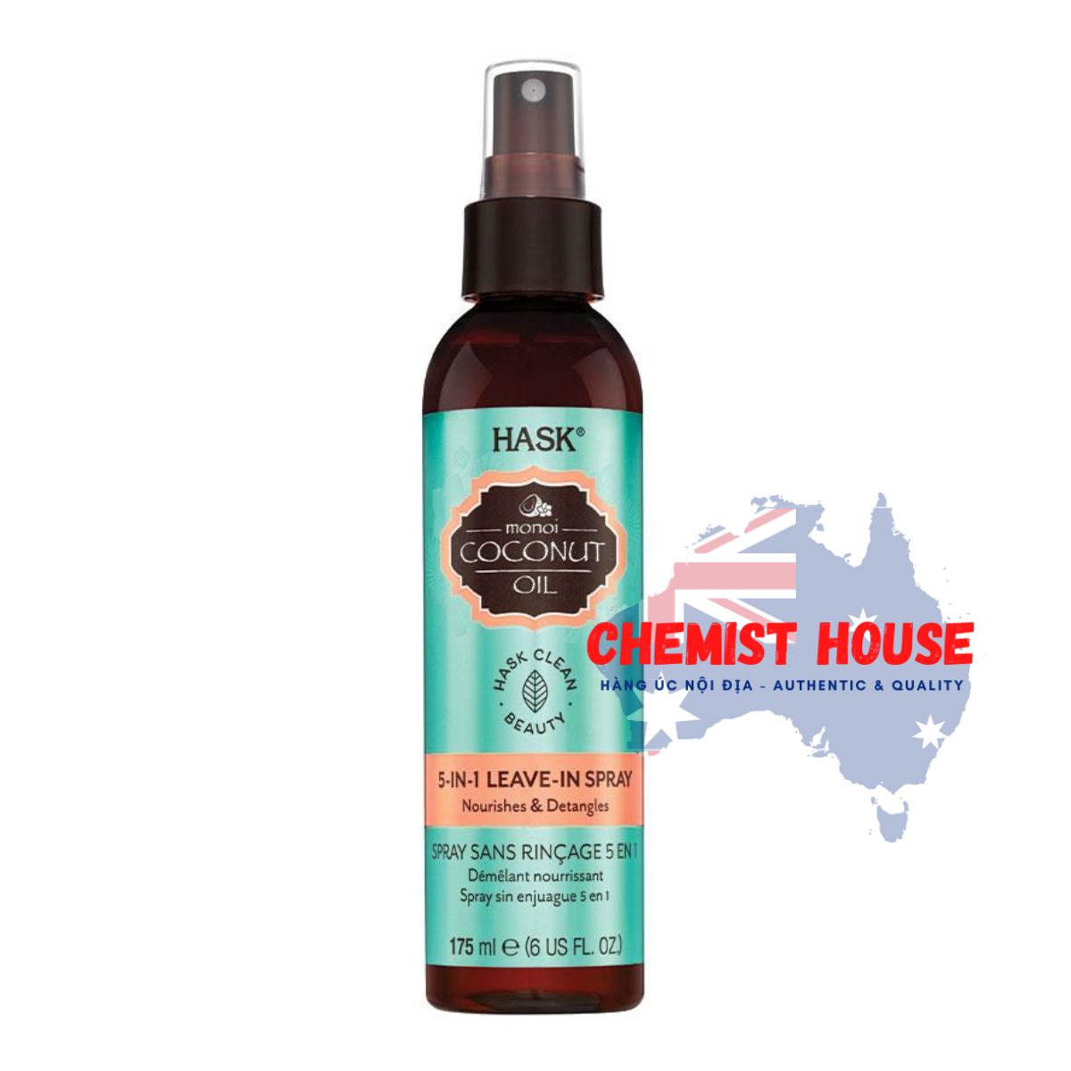 Xịt dưỡng tóc tinh dầu dừa Hask Monoi Coconut oil 5-in-1 Leave-In Hair Spray 175ml