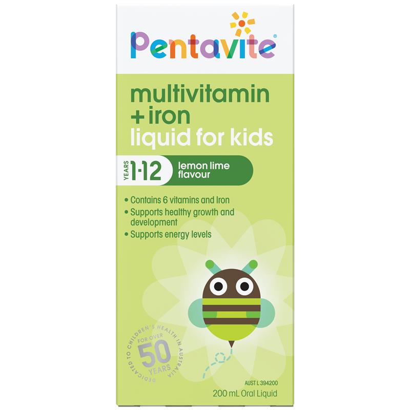 Pentavite Multivitamin + Iron Kids Dạng Lỏng Hương Chanh 200ml (MỚI) - Pentavite Multivitamin + Iron Kids Liquid Lemon Lime 200ml NEW