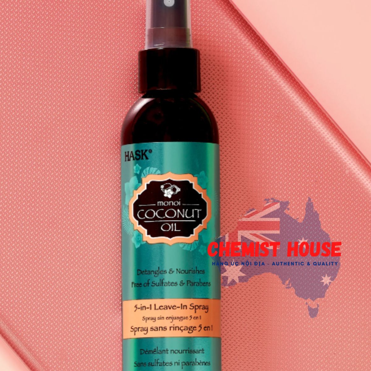 Xịt dưỡng tóc tinh dầu dừa Hask Monoi Coconut oil 5-in-1 Leave-In Hair Spray 175ml