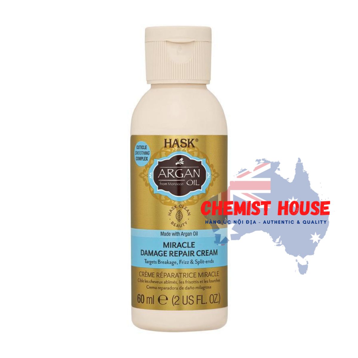 Kem giảm gãy rụng tóc HASK ARGAN OIL Miracle Damage Repair Cream 60ml an toàn tóc nhuộm, ngăn ngừa tóc chẻ ngọn và bảo vệ tóc