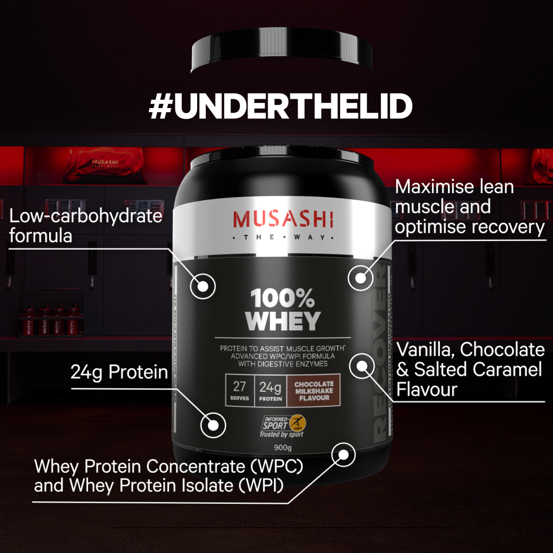 Bột Protein Whey Musashi 100% Hỗ Trợ Tăng Trưởng & Phục Hồi Cơ Bắp Vị Caramel Muối/Vanila/Sô cô la 900g - Musashi 100% Whey Salted Caramel 900g