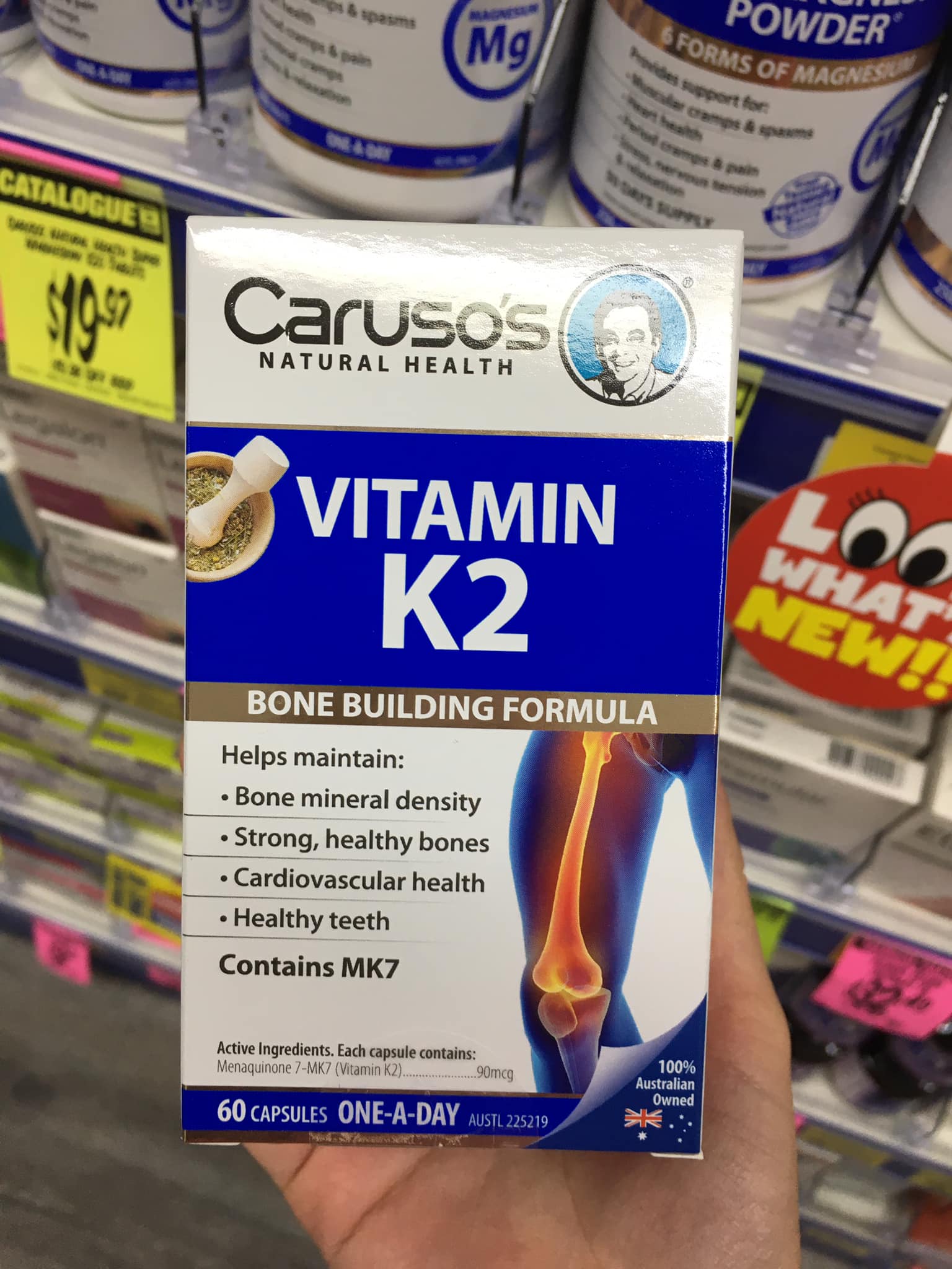 Viên uống Vitamin K2+D3 giúp duy trì xương chắc khỏe Carusos Natural Health Vitamin K2 + D3 60 Capsules