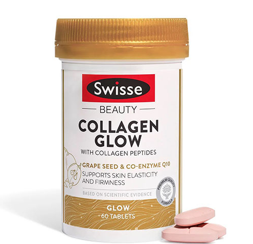 Swisse Beauty Collagen Glow - Collagen thủy phân đẹp da từ hạt nho vitamin E Coq10